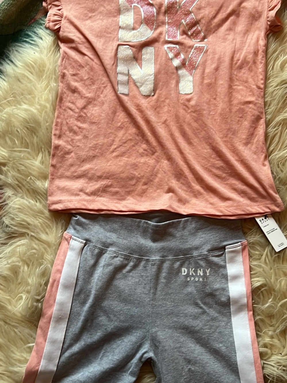 DKNY Pink Peach Glitter Logo Tee with Gray shorts